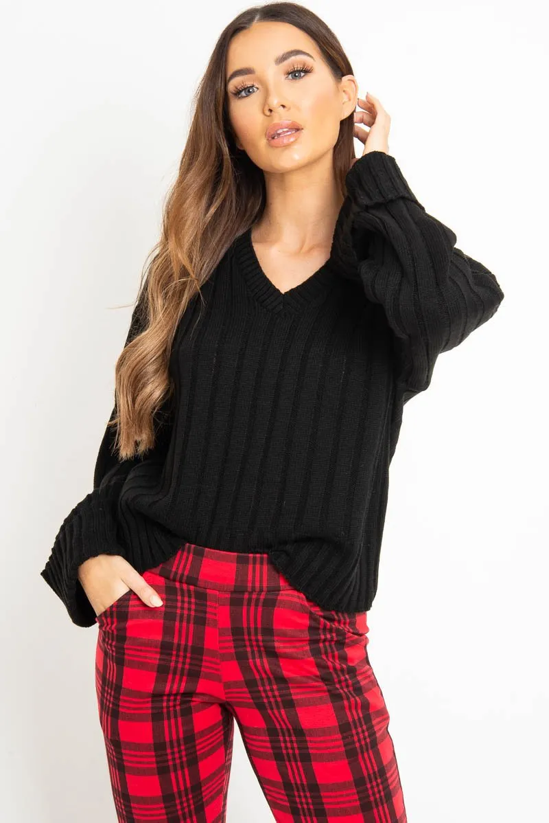 Black Wide Rib V Neck Jumper - Alinah