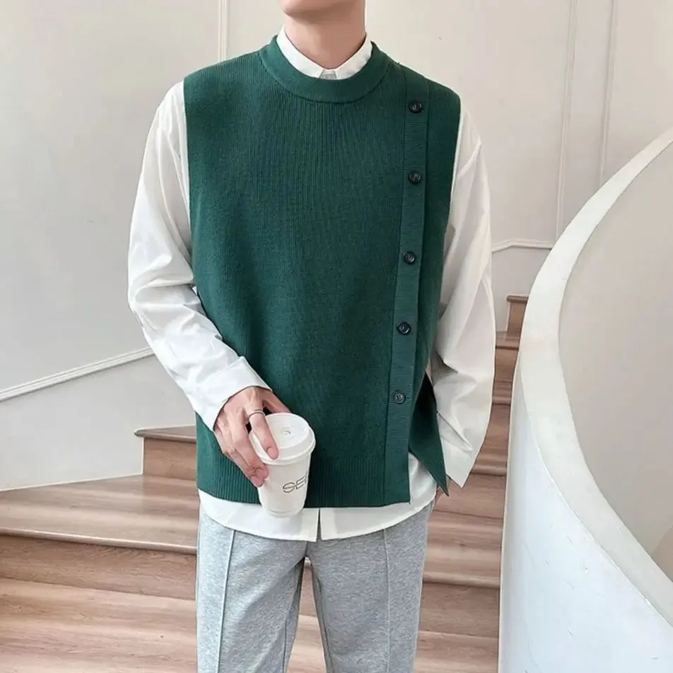 Bonsir Men's Knitted Vest Green Sweaters Male O-Neck Buttons Slit Waistcoat Harajuku High Quality Korean Fashion Casual New in Smooth