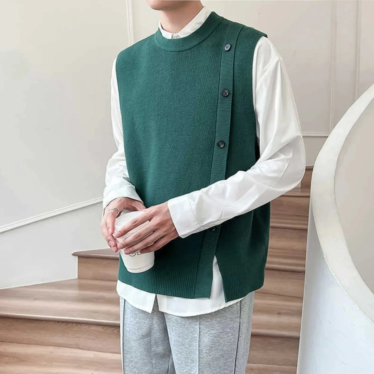 Bonsir Men's Knitted Vest Green Sweaters Male O-Neck Buttons Slit Waistcoat Harajuku High Quality Korean Fashion Casual New in Smooth