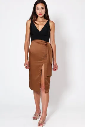 Brown Belted Slit Pencil Skirt