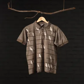 Brown - Bindaas Natural Dyed Art Block Print Polo Collar T-shirt in Cotton