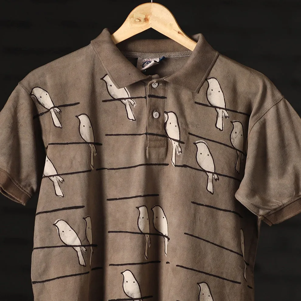 Brown - Bindaas Natural Dyed Art Block Print Polo Collar T-shirt in Cotton