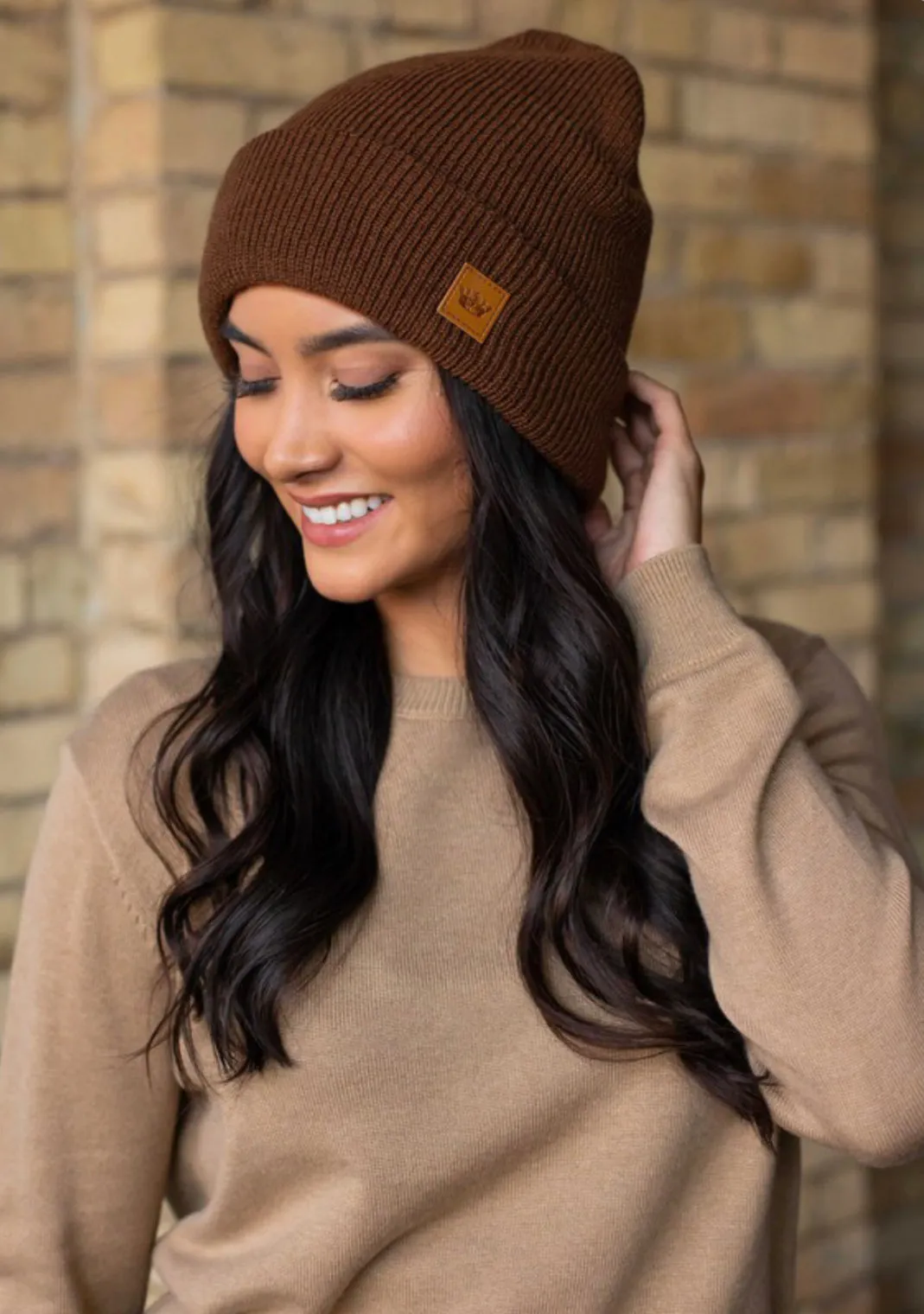 Brown Cuffed Fleece Knit Beanie