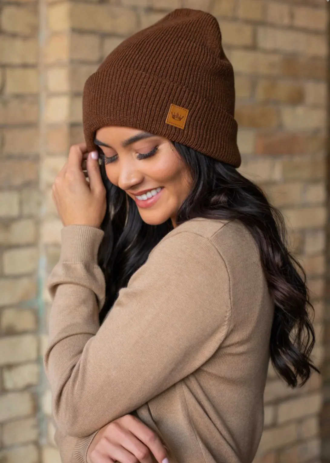 Brown Cuffed Fleece Knit Beanie