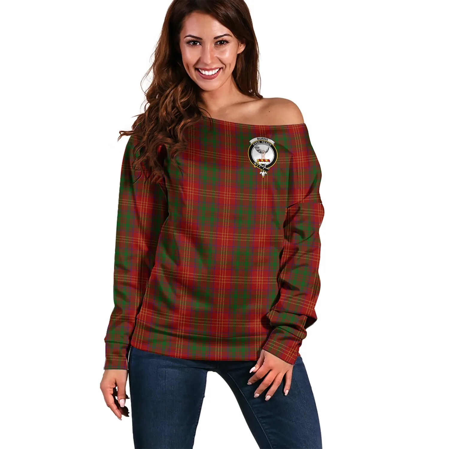 Burns Tartan Off Shoulder Women Sweater with Family Crest