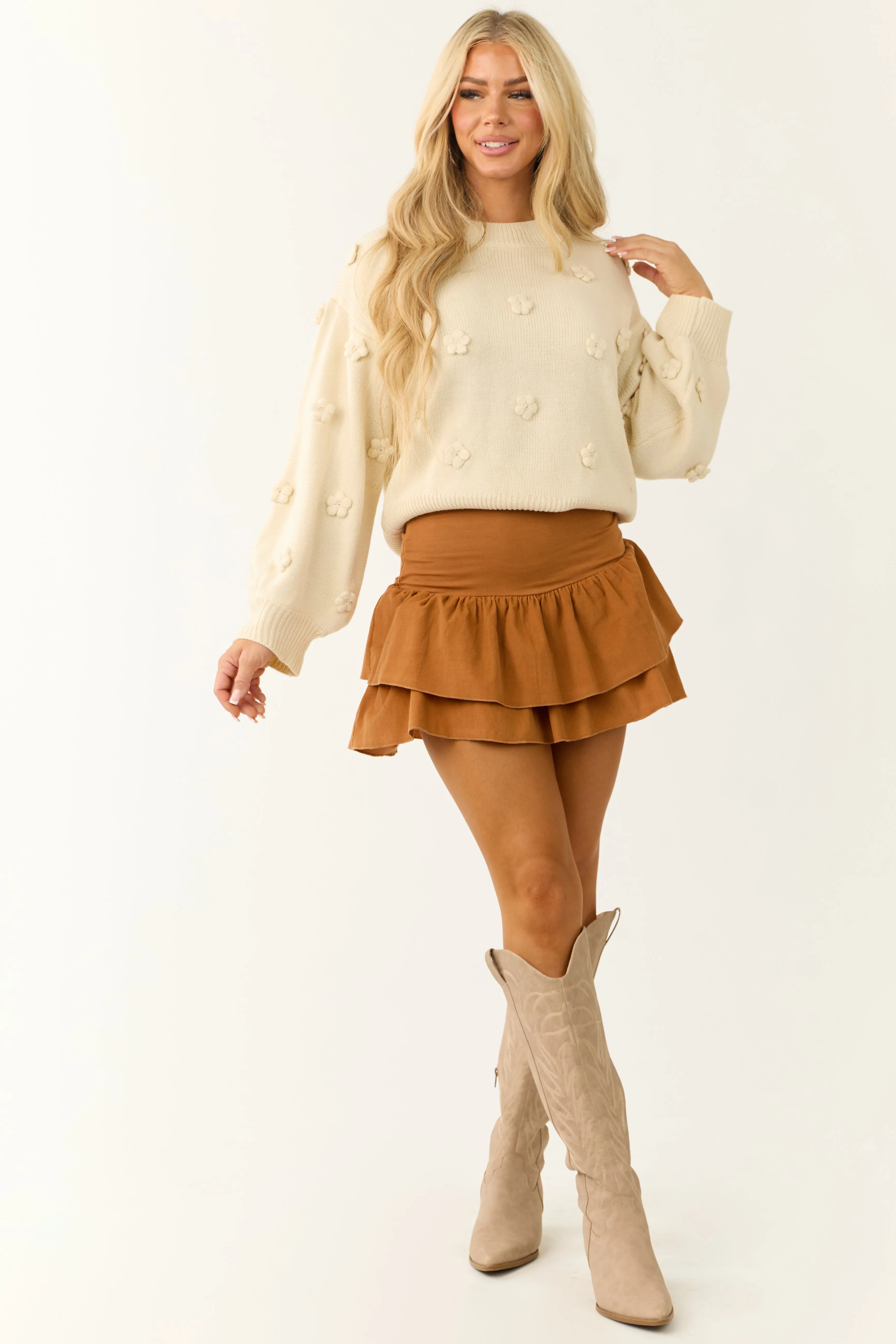 Caramel Corduroy Ruffle Layered Mini Skirt