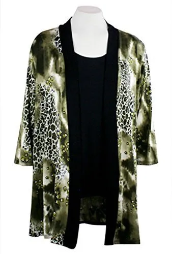 Caribe - Olive Animal Print, Black Trimmed, Long Sleeve Jacket - Duster