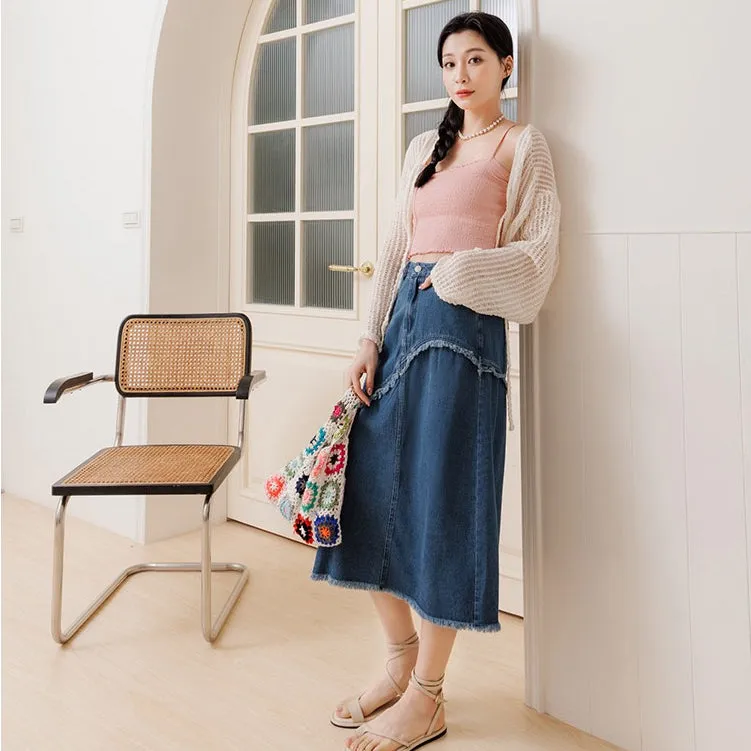 Casual Denim Fringe A-Line Long Maxi Skirt