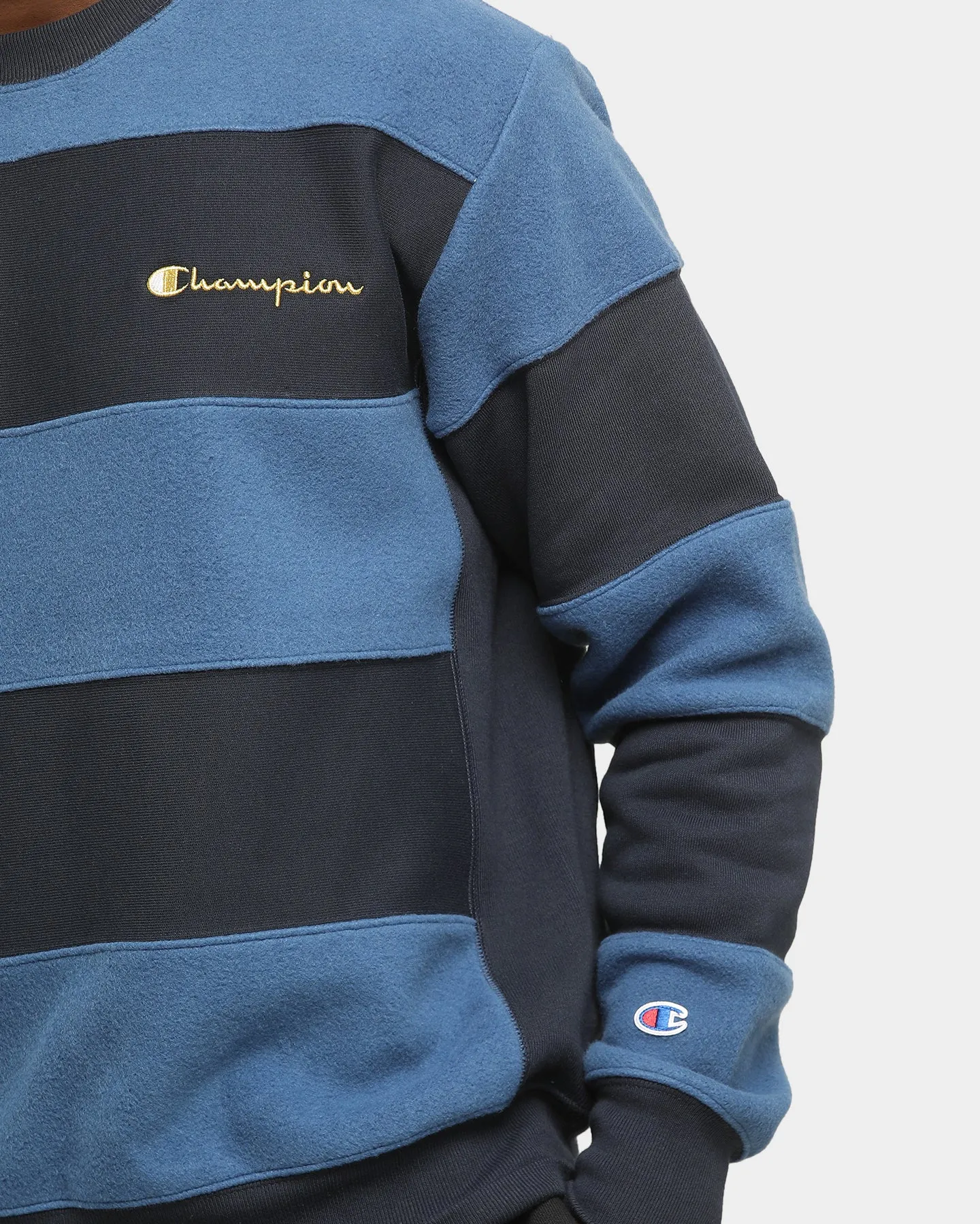 Champion Rev Weave Panel Stripe Crew Navy