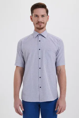 Classic Fit Short Sleeve Checked Cotton Blend Dress Shirt, Navy K.