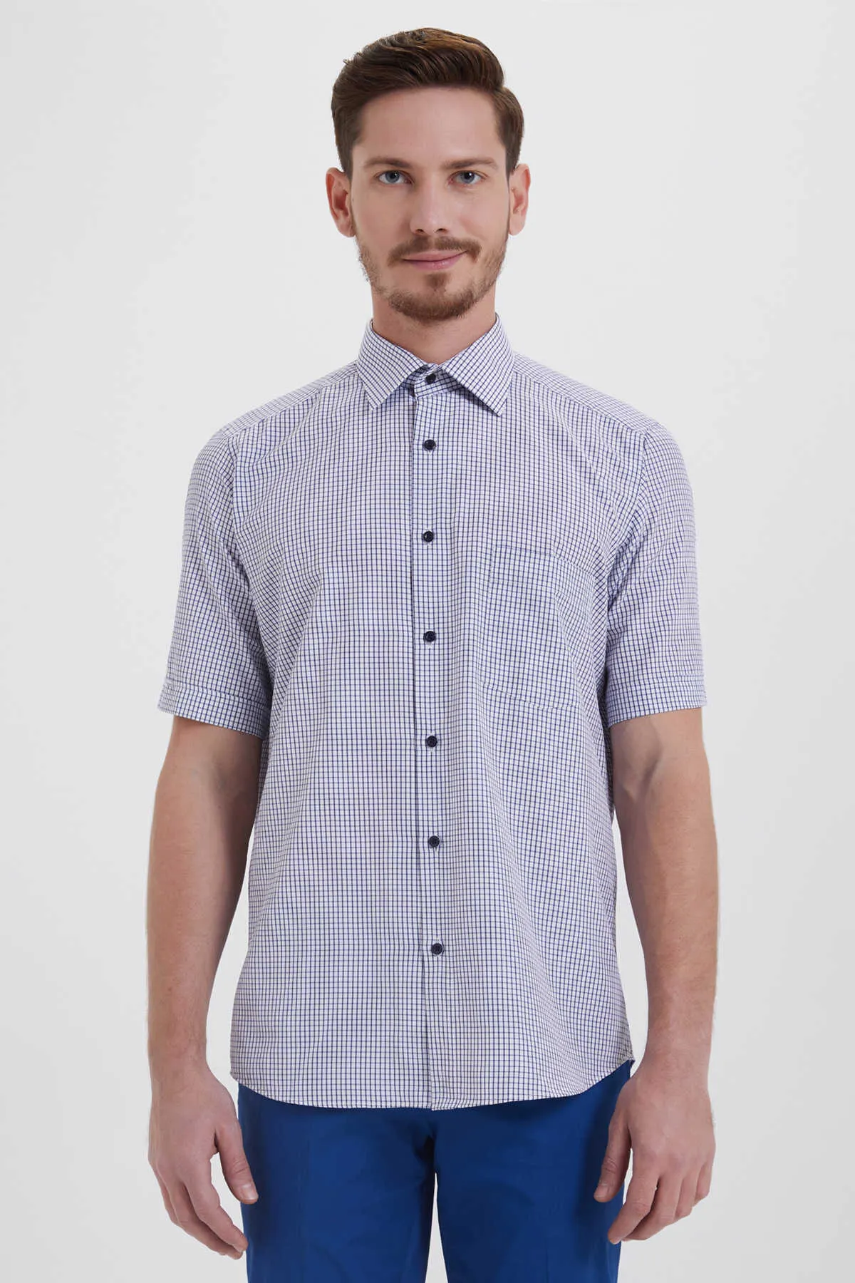 Classic Fit Short Sleeve Checked Cotton Blend Dress Shirt, Navy K.