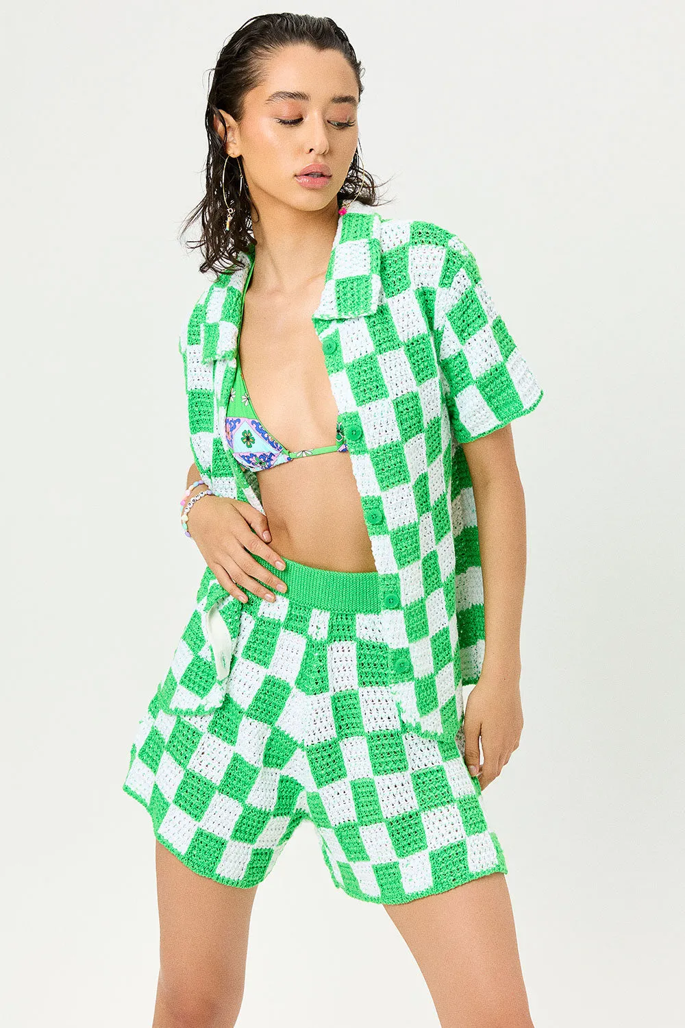 Coco Crochet Button Up Shirt - Jade Checker