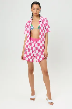 Coco Crochet Button Up Shirt - Pink Checker