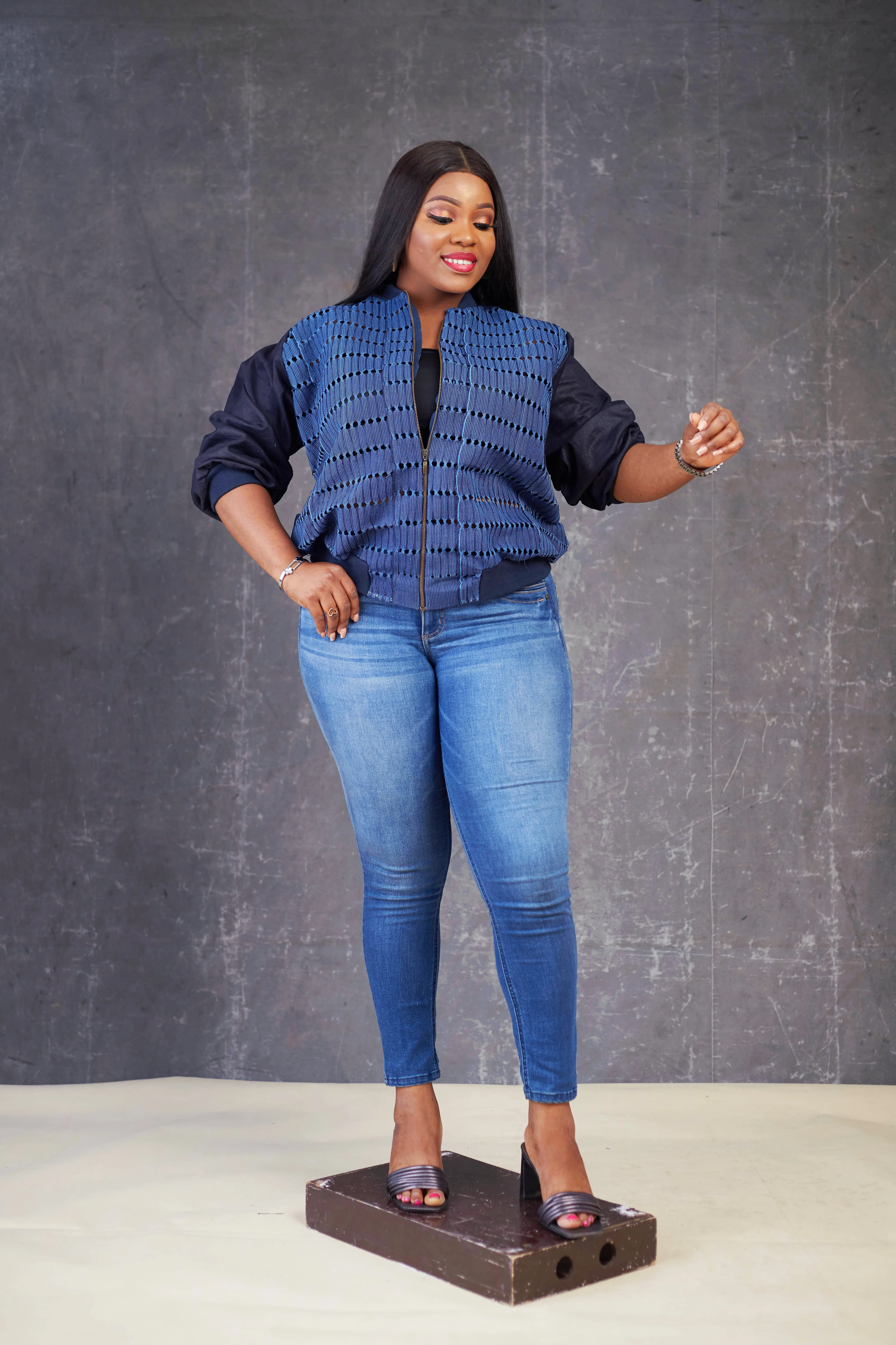 Denim Aso oke  Bomber Jacket