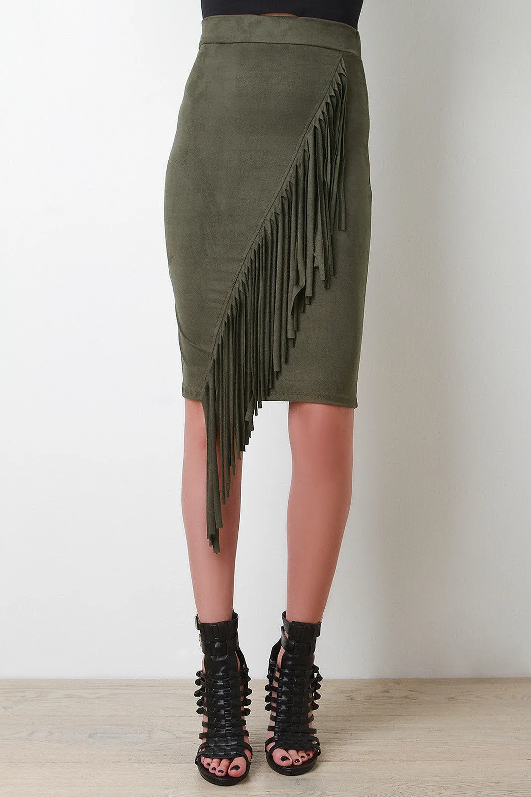 Diagonal Fringe Vegan Suede Skirt