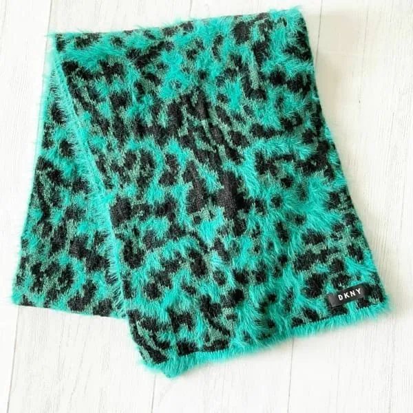 DKNY Fuzzy Animal Print Knit Scarf Green & Black