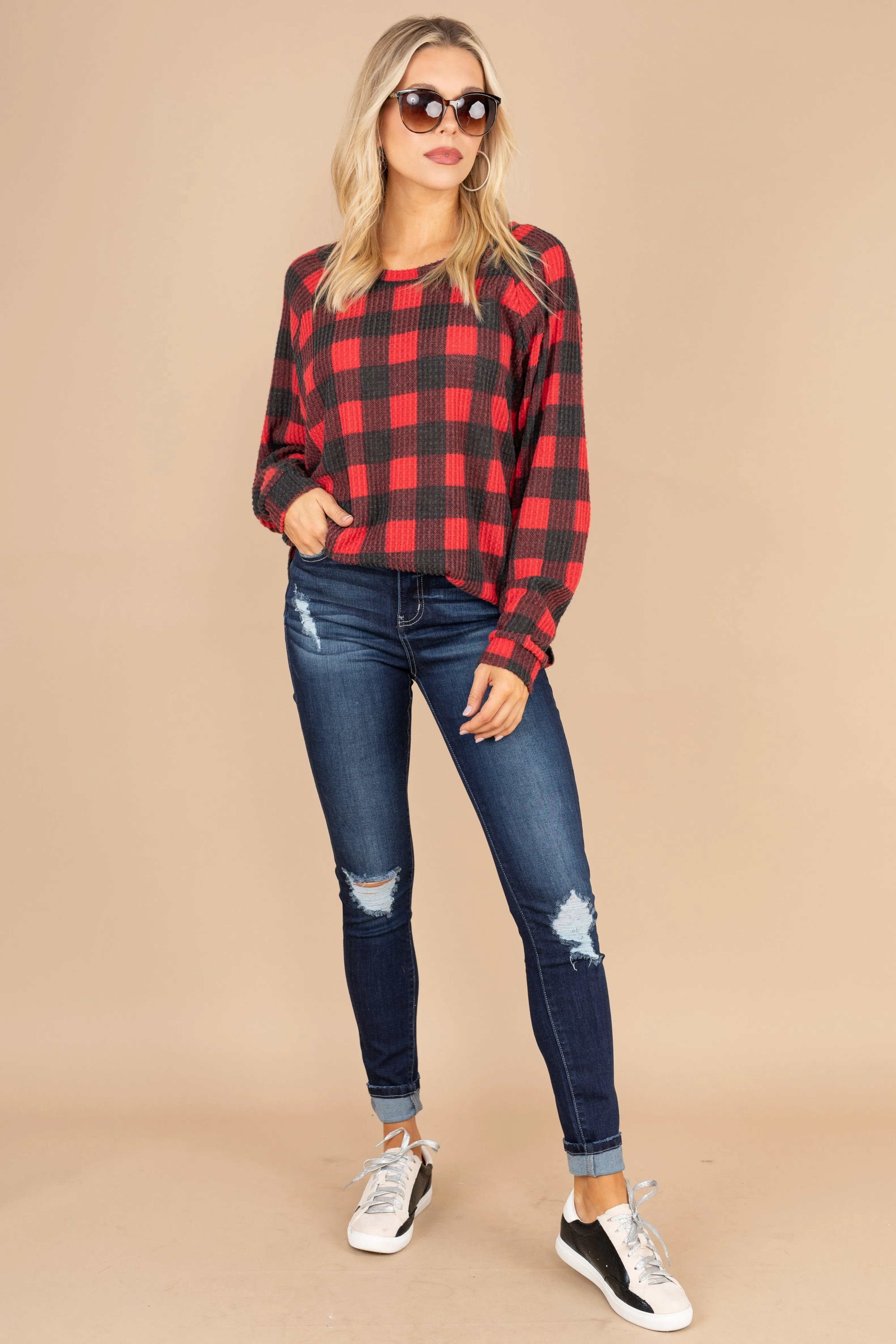 Easy Like Sunday Red Buffalo Plaid Waffle Tunic