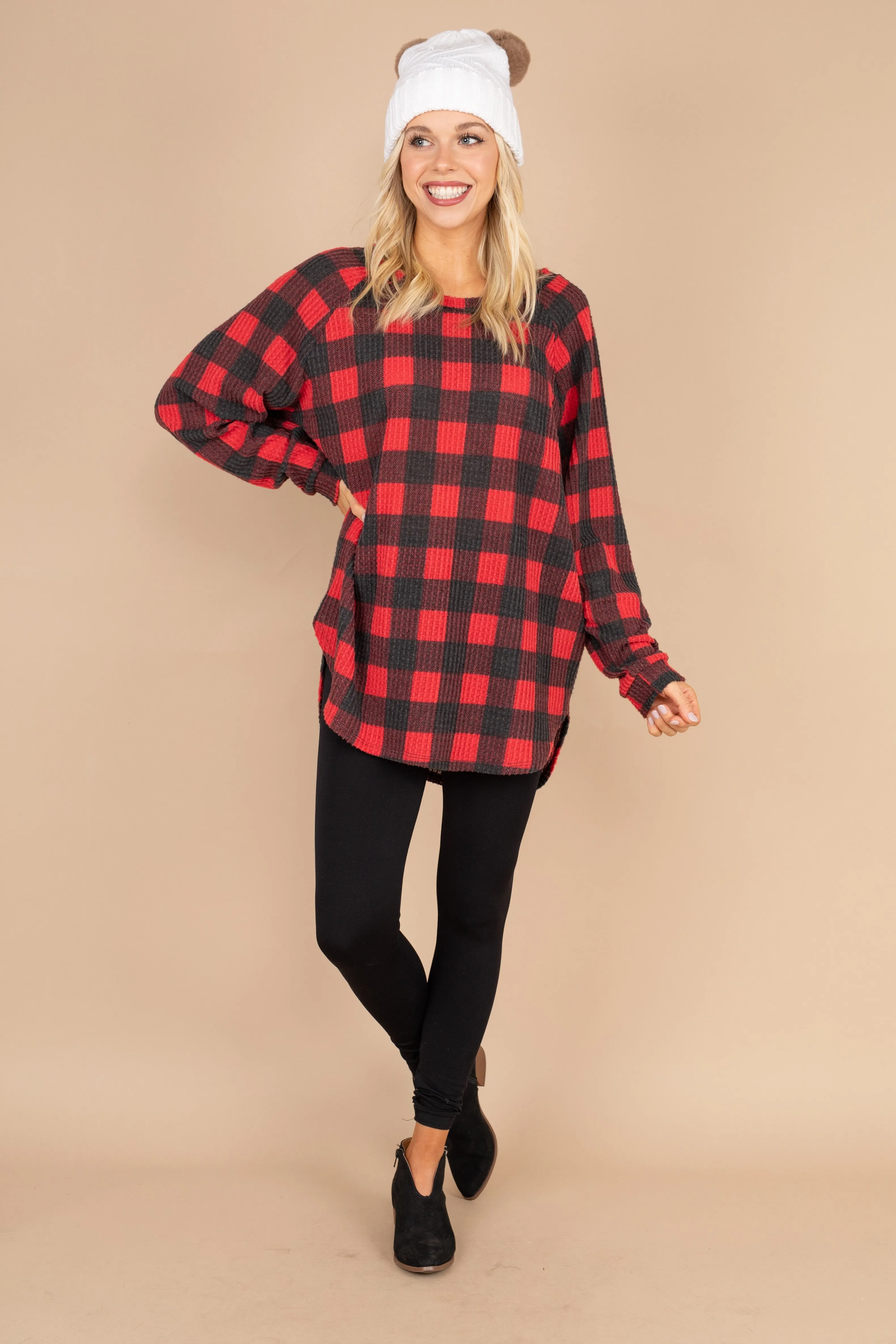 Easy Like Sunday Red Buffalo Plaid Waffle Tunic