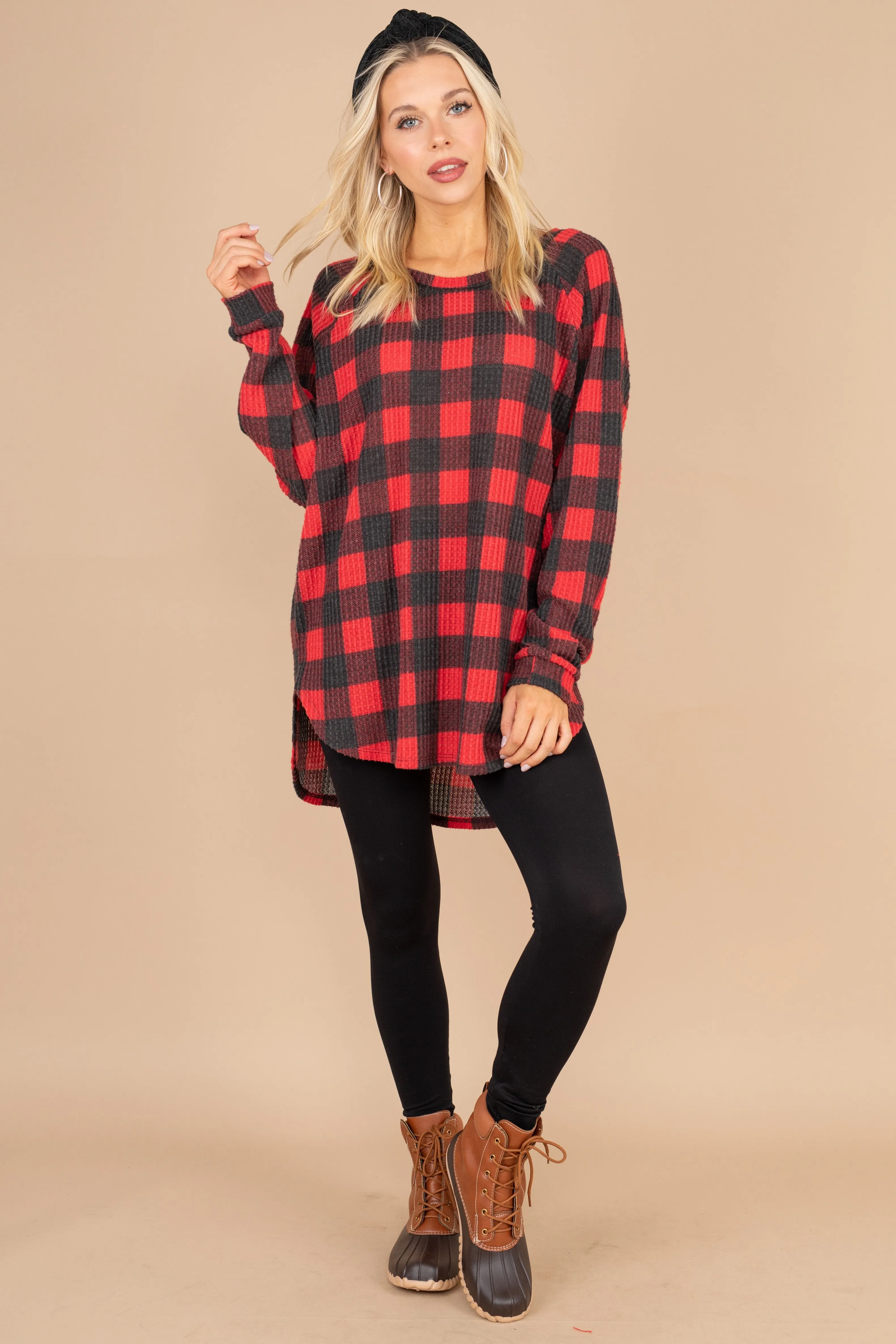 Easy Like Sunday Red Buffalo Plaid Waffle Tunic