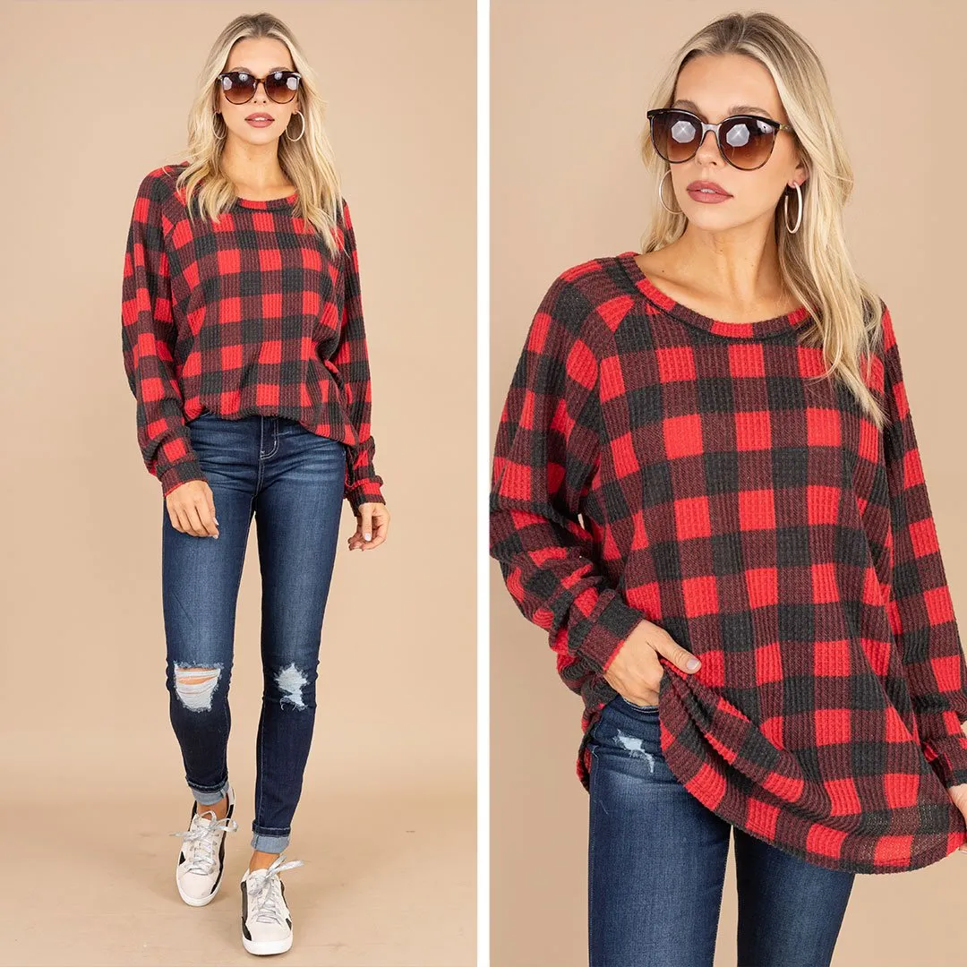 Easy Like Sunday Red Buffalo Plaid Waffle Tunic