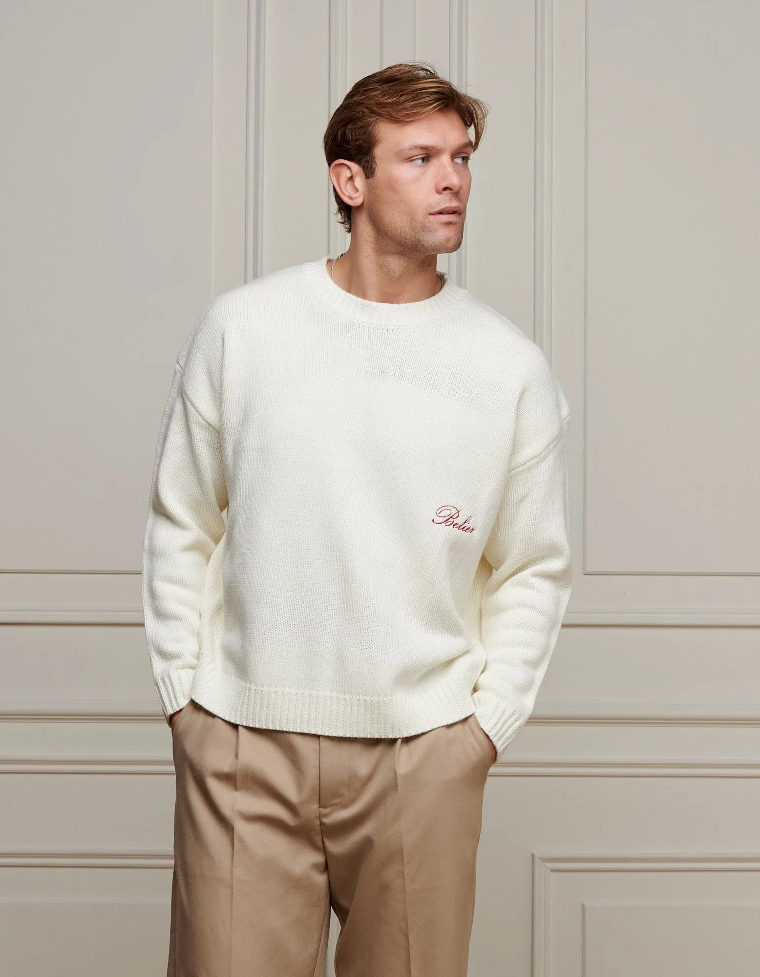 Ecru Boxy Fit Knitted Crewneck Jumper