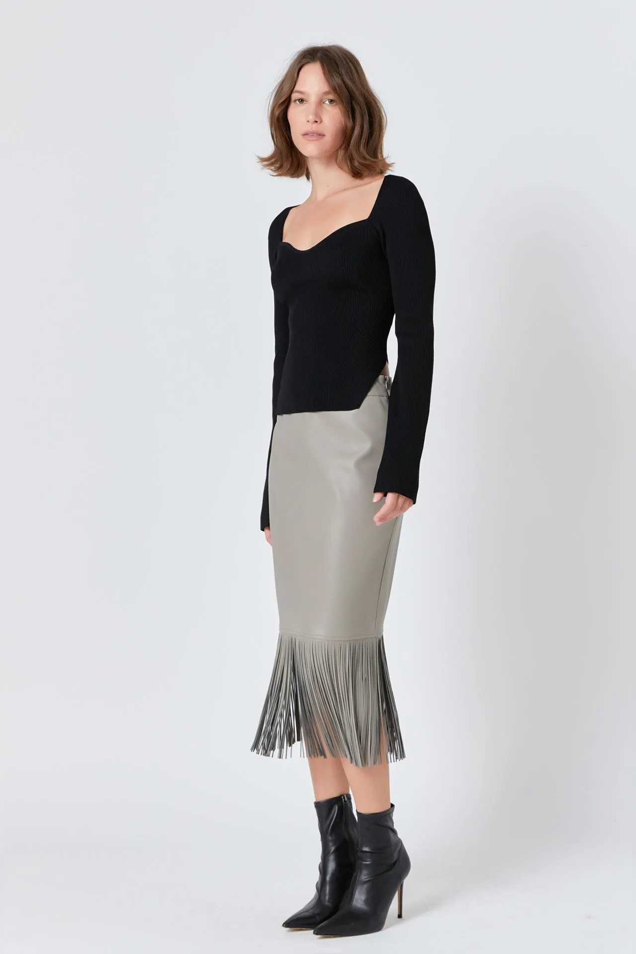 Endless Rose - Pu Fringe Pencil Midi Skirt