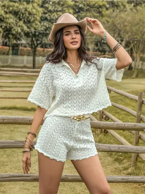 Eyelet Collared Neck Short Sleeve Top and Shorts Set