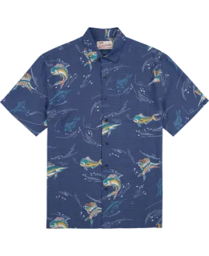 Fish Game Short Sleeve Button Up Shirt-Navy