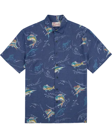 Fish Game Short Sleeve Button Up Shirt-Navy