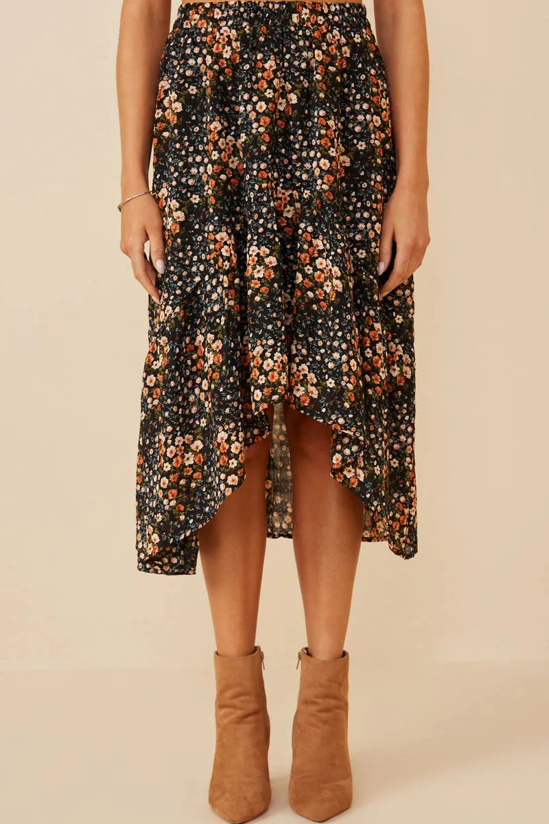 Floral Print Asymmetric Midi Skirt