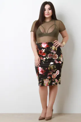 Floral Print High Waist Pencil Midi Skirt