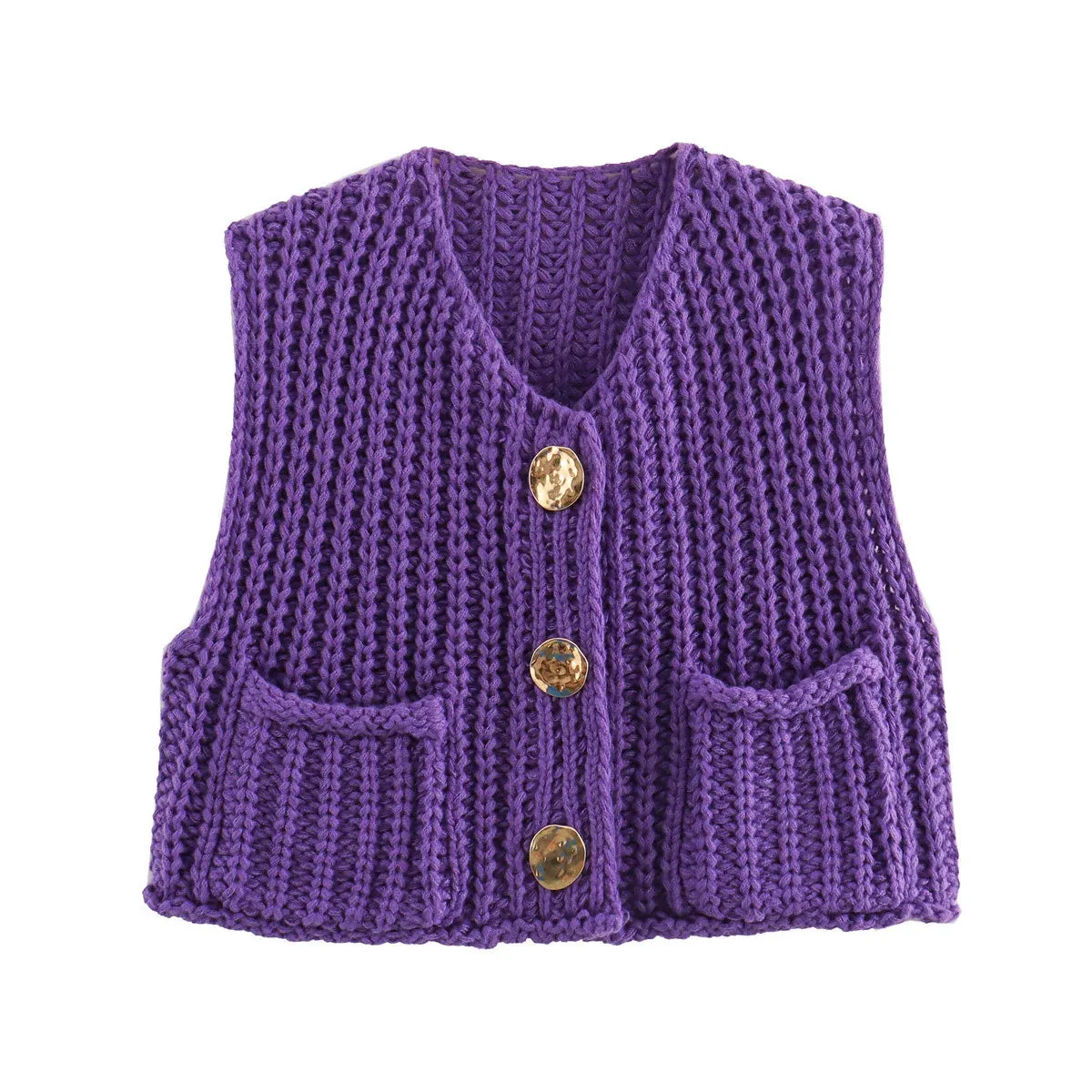 Flytonn-Casual Solid Round Neck Knitted Vest Women's Elegant Sleeveless Single-breasted Pocket Vests 2024 Female Commuting Knitwear