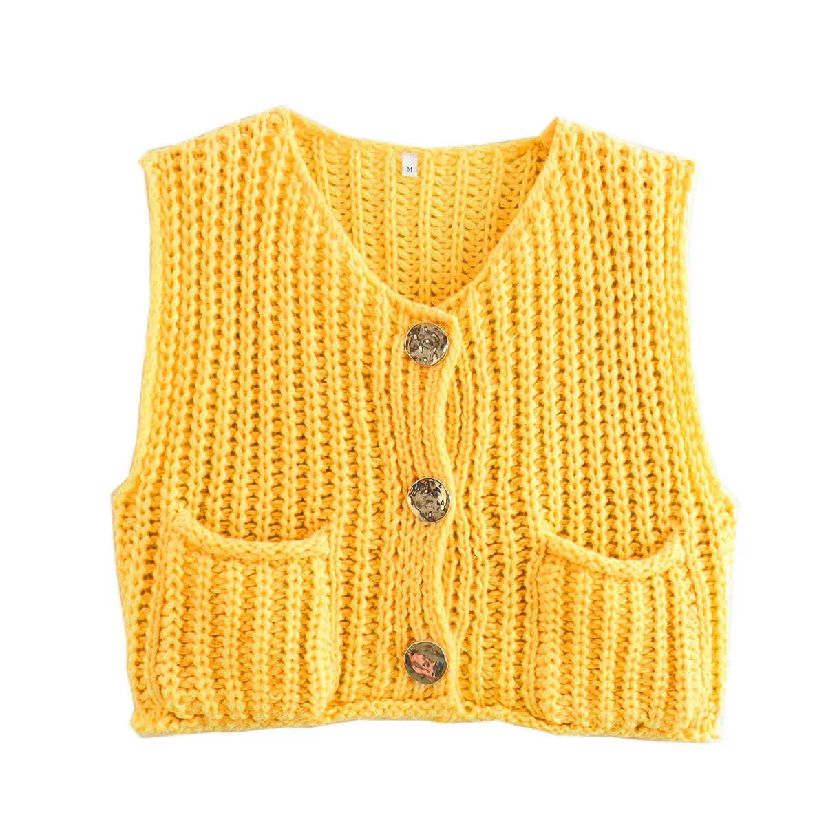 Flytonn-Casual Solid Round Neck Knitted Vest Women's Elegant Sleeveless Single-breasted Pocket Vests 2024 Female Commuting Knitwear