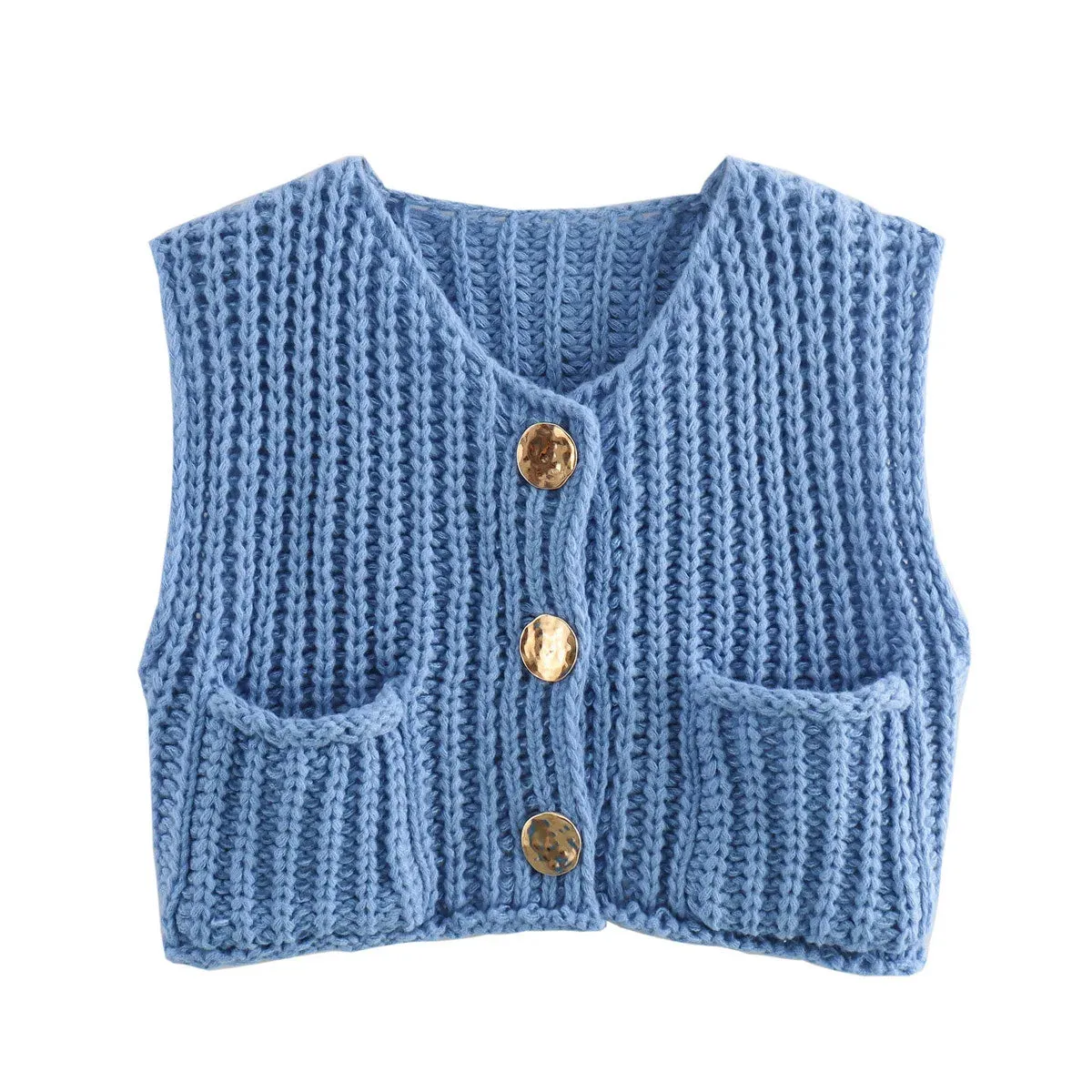 Flytonn-Casual Solid Round Neck Knitted Vest Women's Elegant Sleeveless Single-breasted Pocket Vests 2024 Female Commuting Knitwear