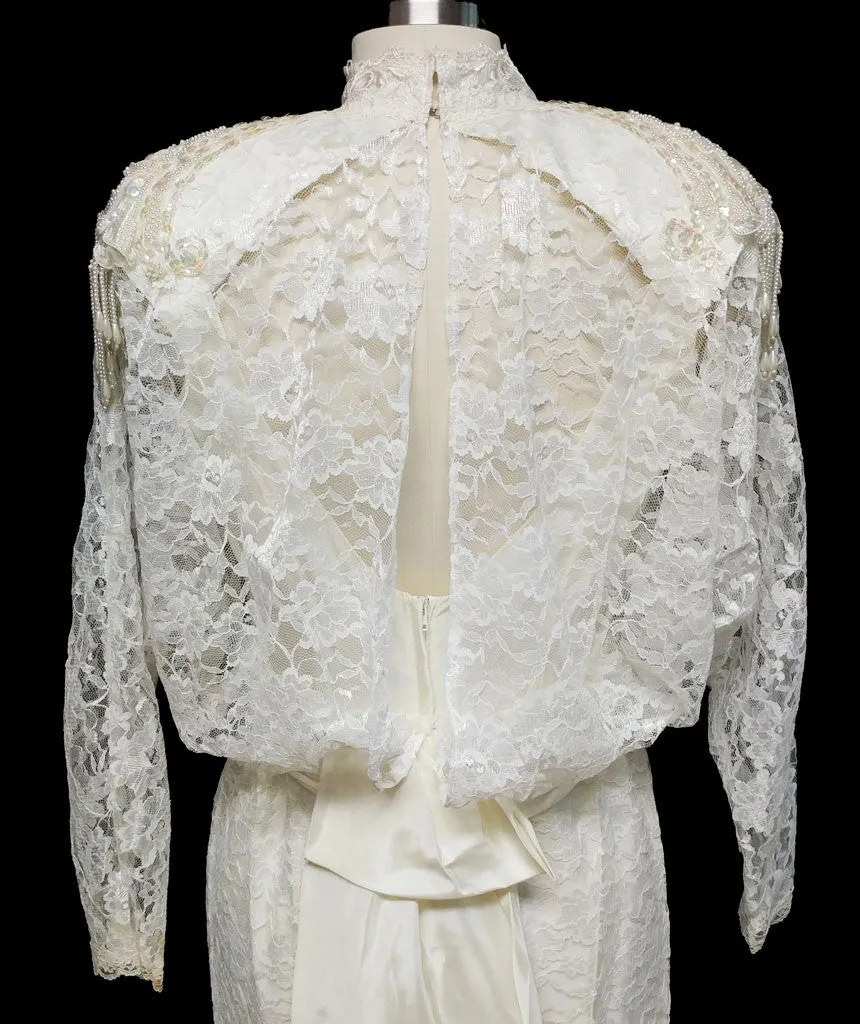 *GLAMOROUS VINTAGE '70s / '80s ALFRED ANGELO LACE SEQUINS, PEARLS & APPLIQUES WEDDING GOWN