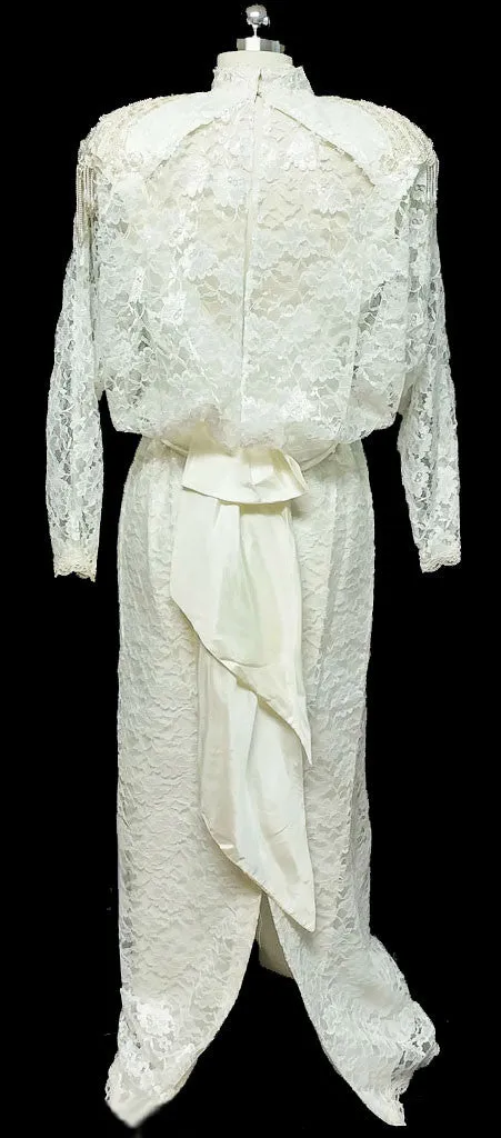 *GLAMOROUS VINTAGE '70s / '80s ALFRED ANGELO LACE SEQUINS, PEARLS & APPLIQUES WEDDING GOWN