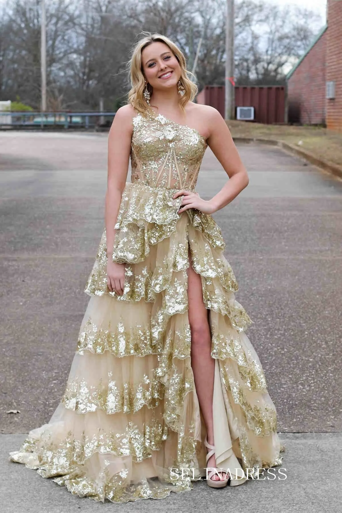 Gold One Shoulder Lace Layered Long Prom Dress With Slit lpk558