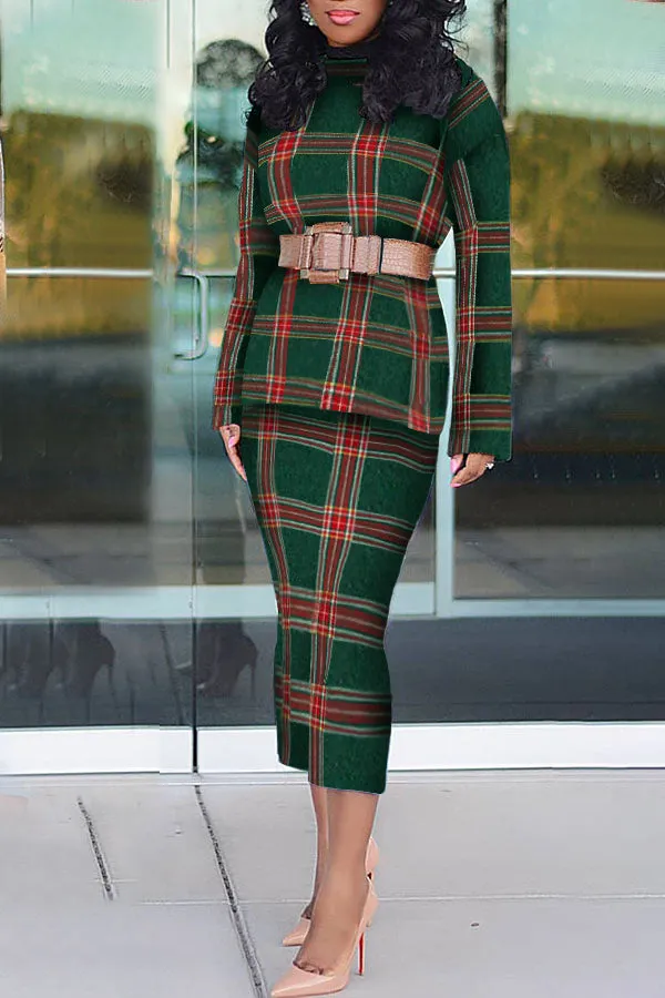 Graceful Plaid Top & Pencil Skirt Set