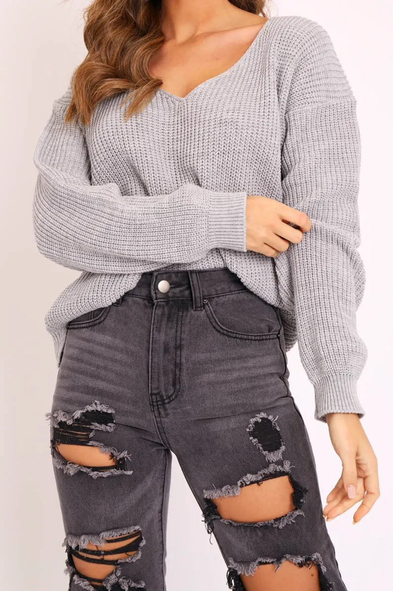 Grey Knit Plunge Neckline Jumper - Roselie