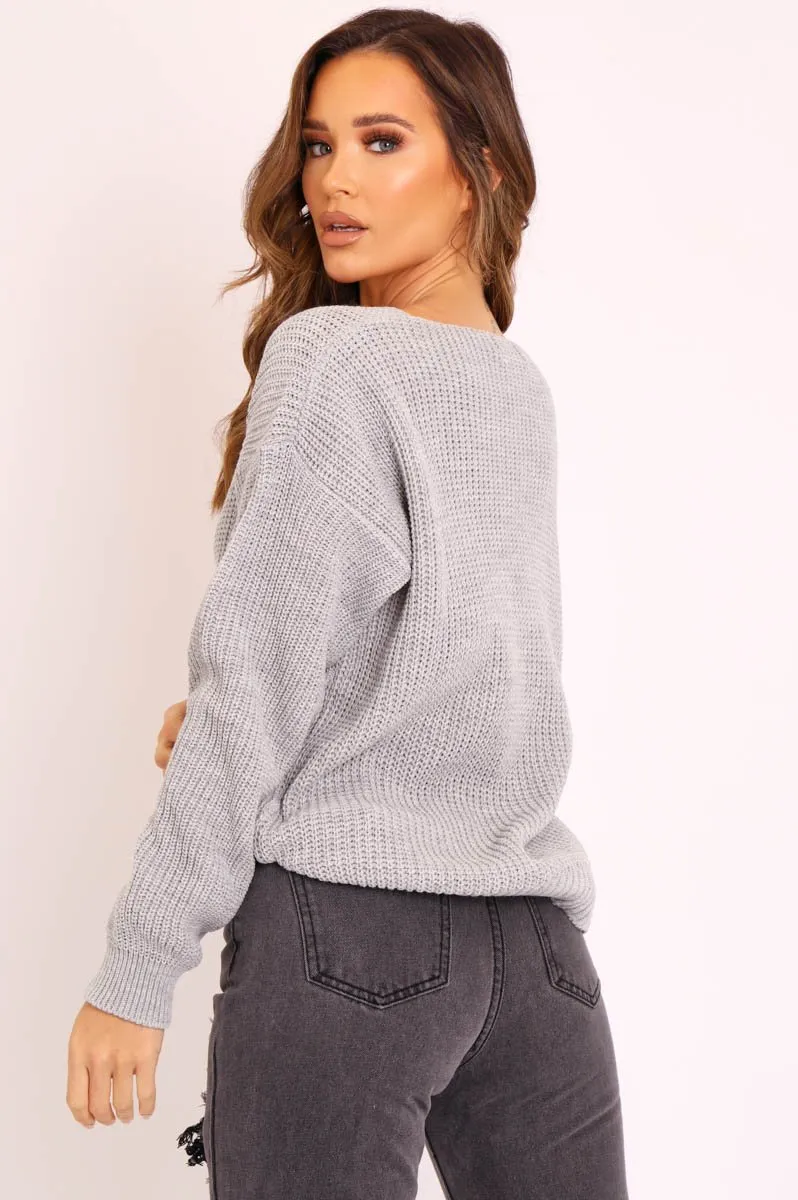 Grey Knit Plunge Neckline Jumper - Roselie