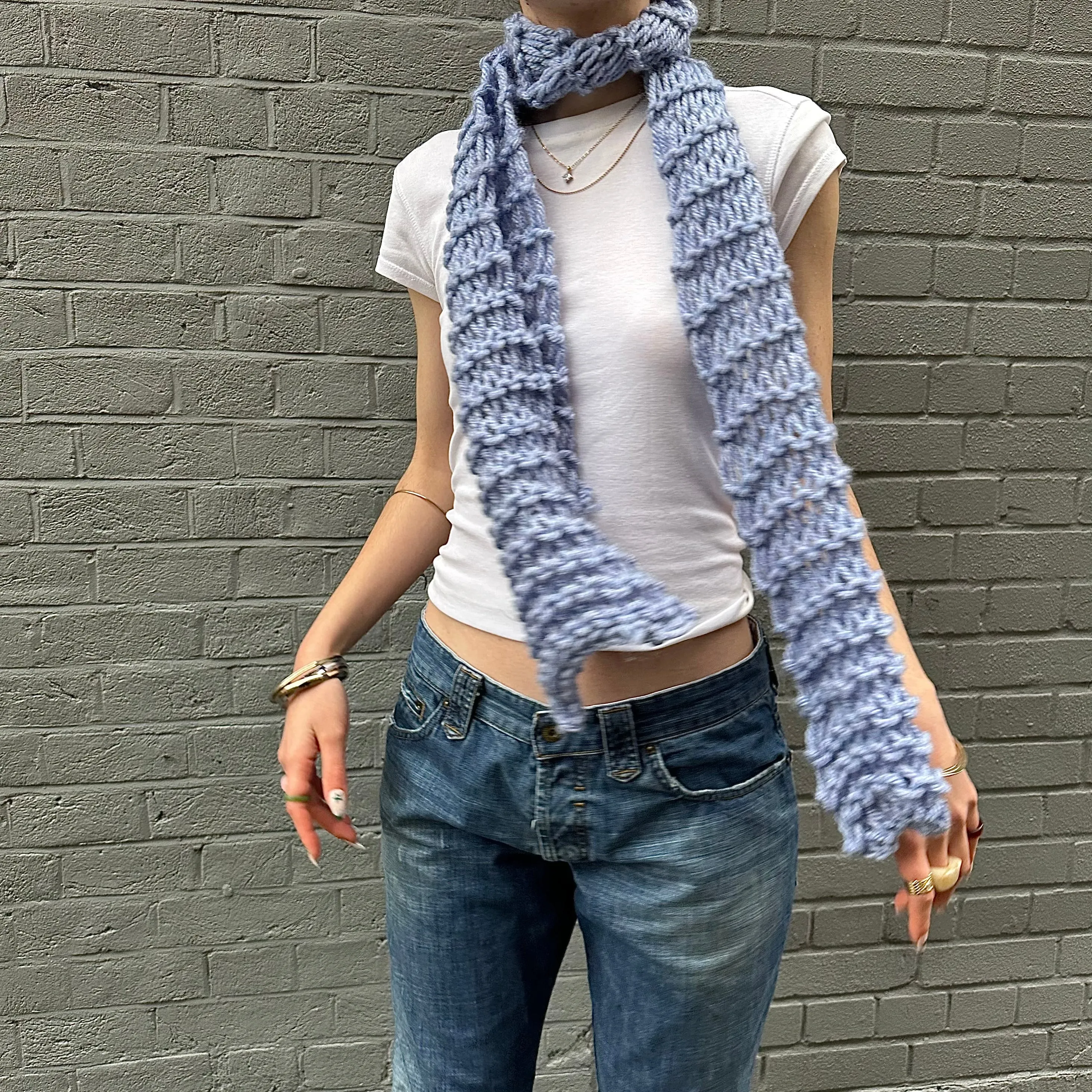 Handmade chunky fishnet knitted scarf in cornflower blue