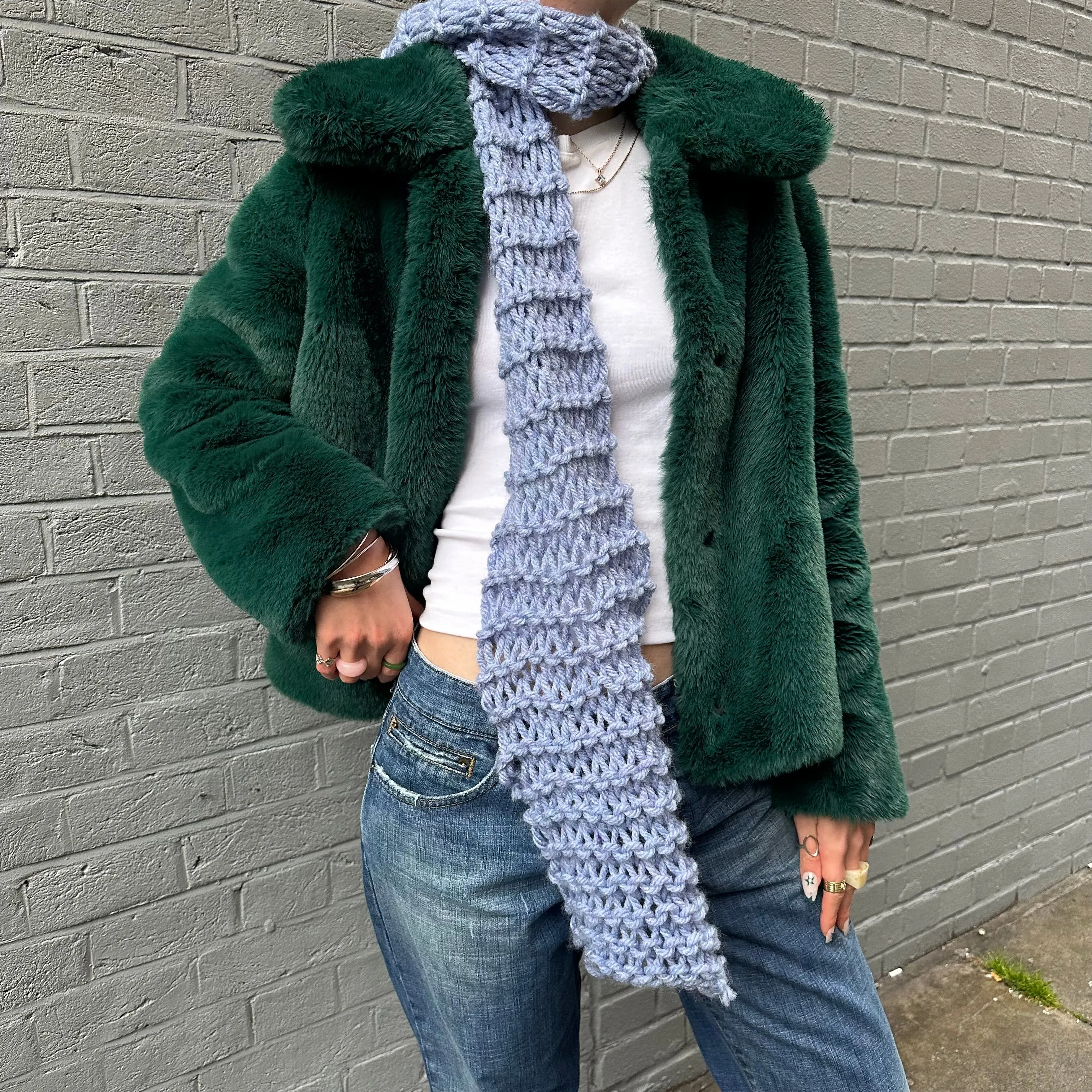 Handmade chunky fishnet knitted scarf in cornflower blue