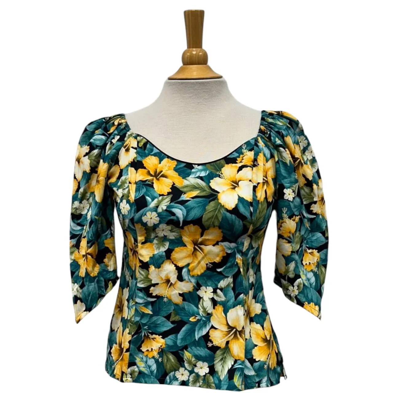 Hawaiian Half  Sleeve Tops | Green＆Yellow Hibiscus - 286B