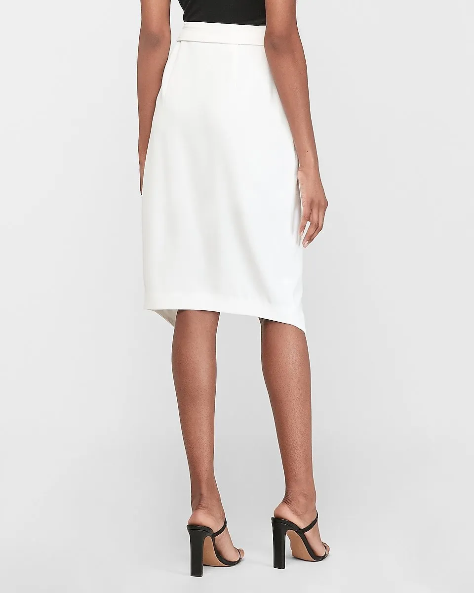 High Waisted Belted Wrap Front Pencil Skirt in White