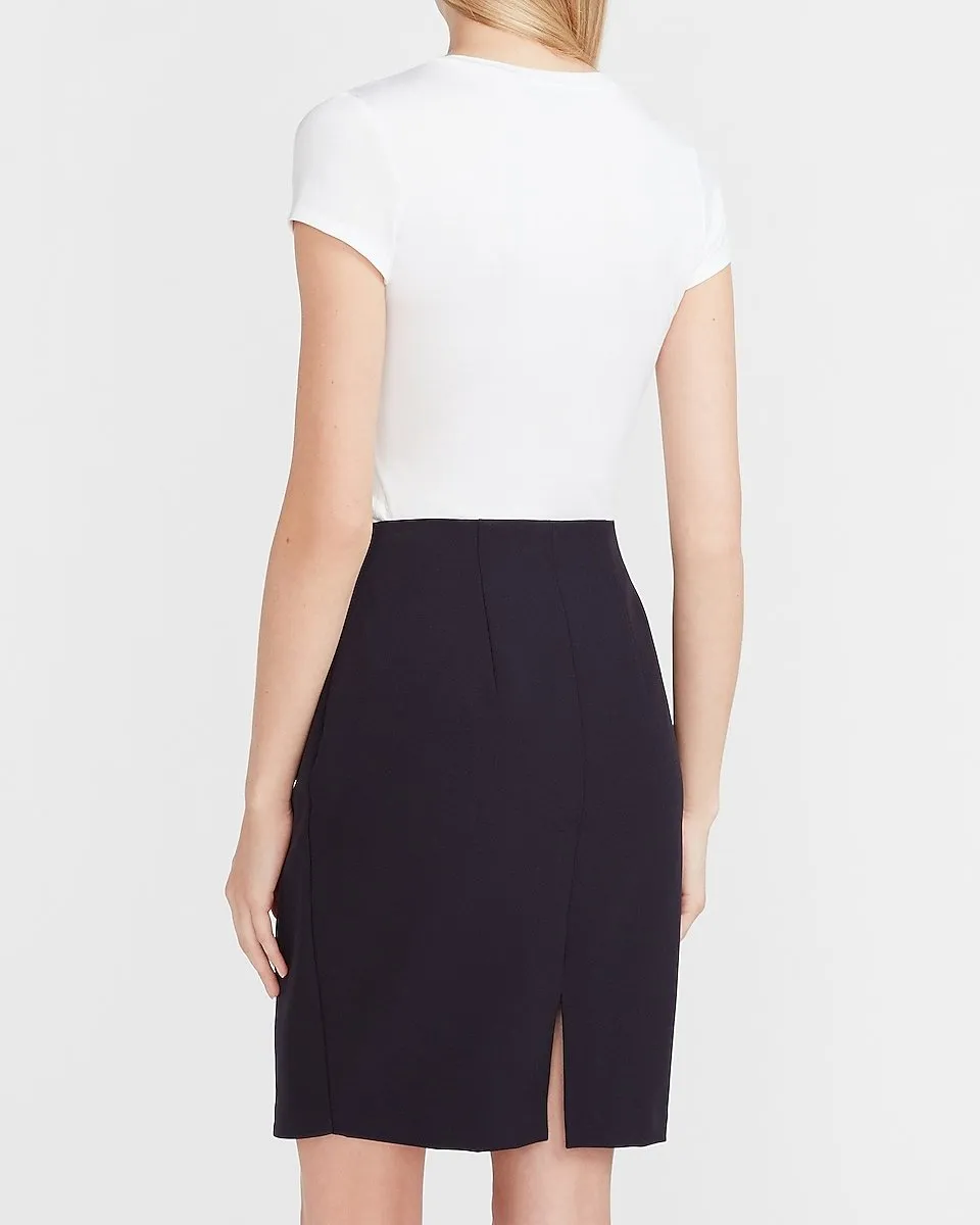 High Waisted Supersoft Wrap Front Pencil Skirt in Navy Blue