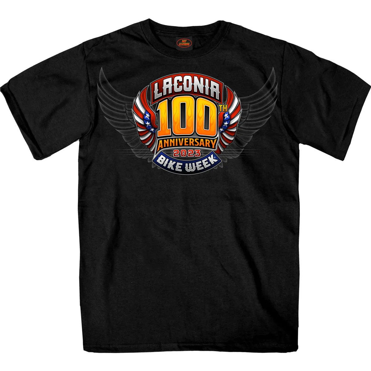 Hot Leathers ELM1054 Men's Black 2023 Laconia Motorcycle Rally 100th Anniversary Logo Bike Week T-Shirt