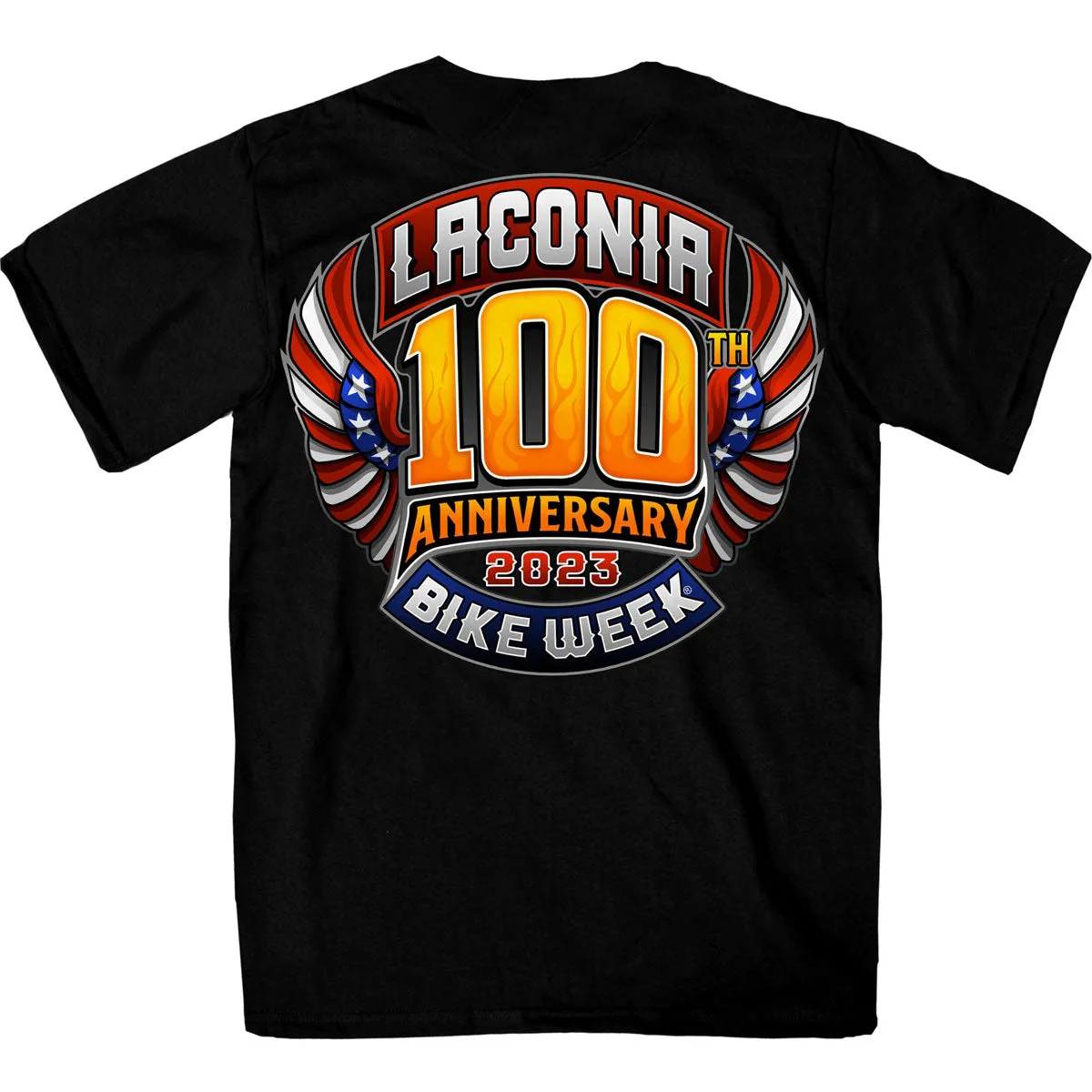 Hot Leathers ELM1054 Men's Black 2023 Laconia Motorcycle Rally 100th Anniversary Logo Bike Week T-Shirt