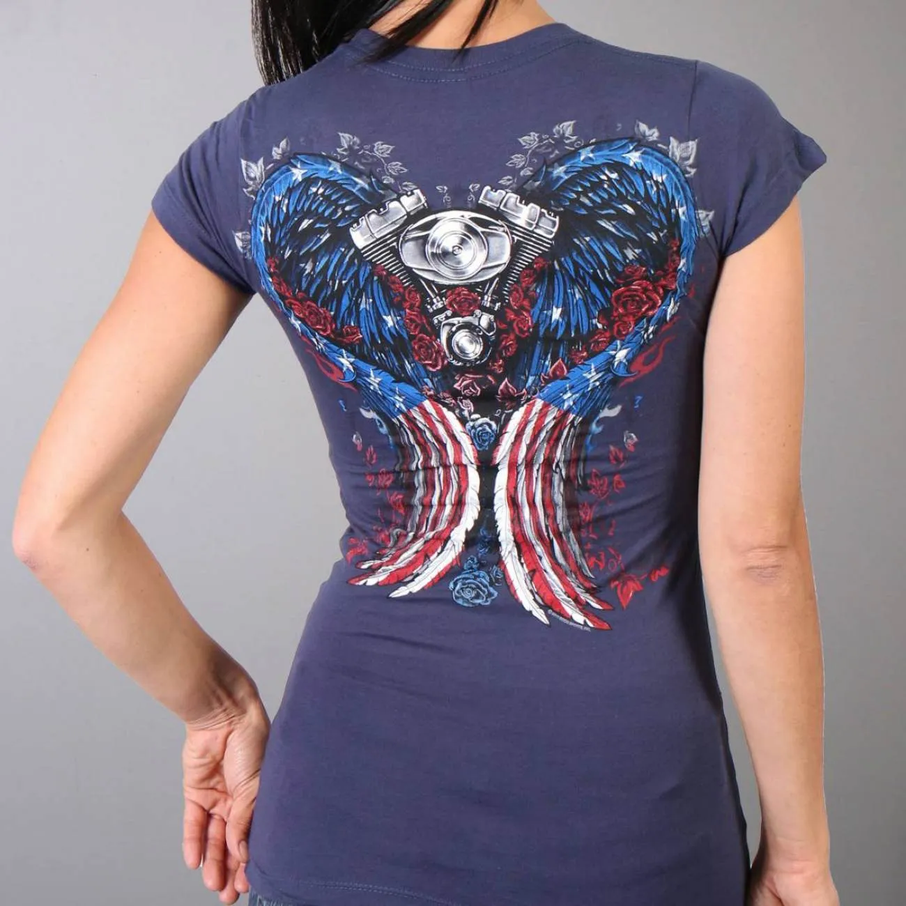 Hot Leathers GLD1297 'Live,Love, Ride' Ladies Angel Wings Navy Blue