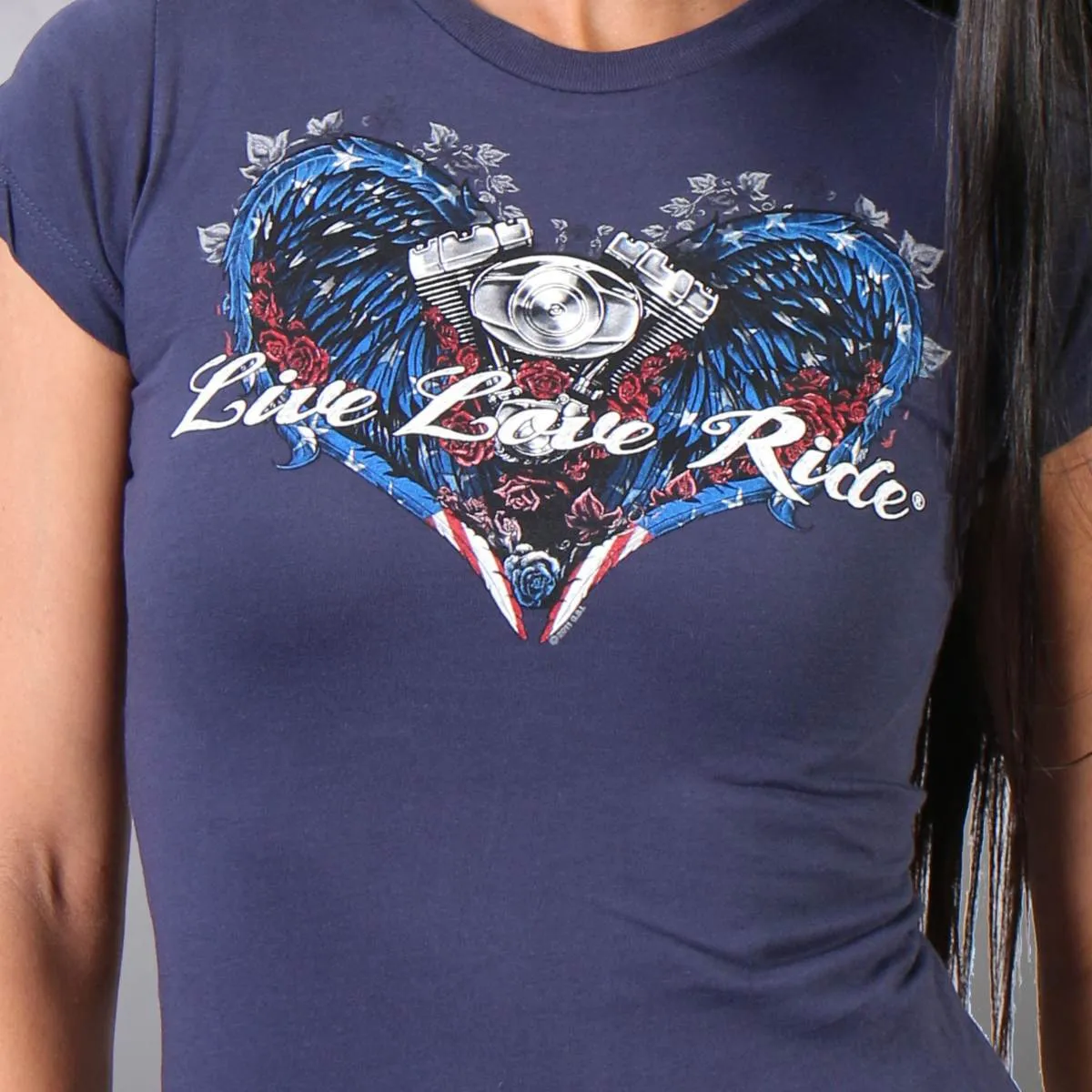 Hot Leathers GLD1297 'Live,Love, Ride' Ladies Angel Wings Navy Blue