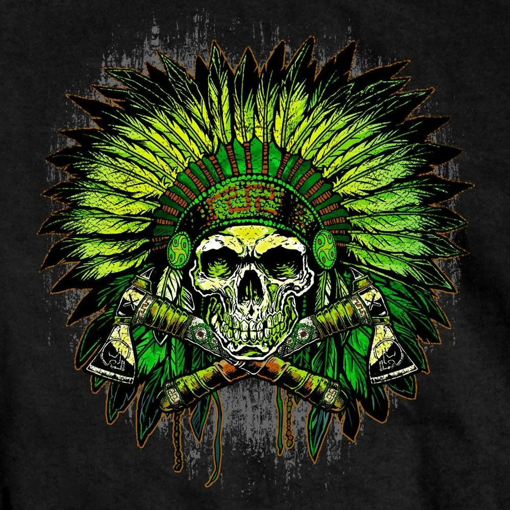 Hot Leathers GMS1463 Mens Green Indian Headdress Skull Black T-Shirt